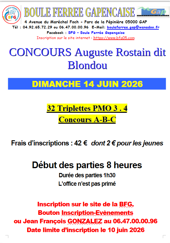 Concours 32 triplettes à GAP LE 14 juin au lieu du 13 juin